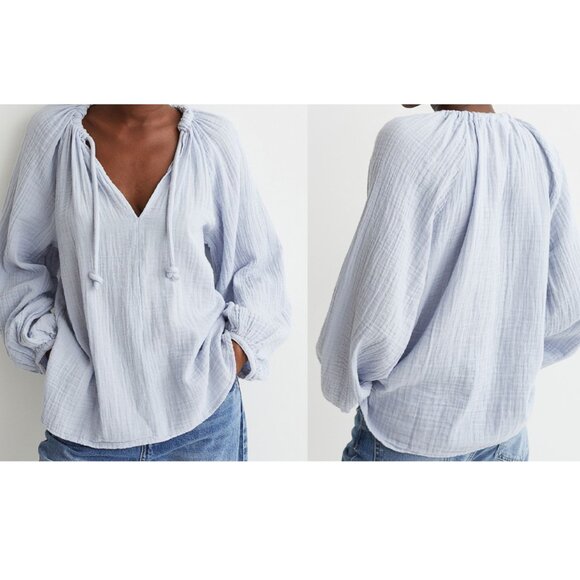 H&M Women Size XL Blue Gauze Oversized Solid V Neck Balloon Sleeve 100% Cotton B - Picture 1 of 9